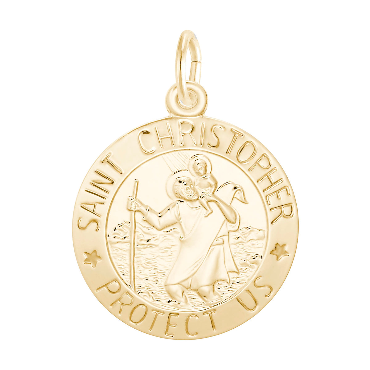 14K yellow gold St. Christopher disc charm inscribed Saint Christopher Protect Us