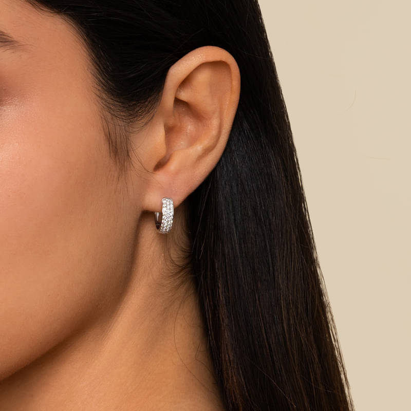 Gabriel & Co. White Gold 15MM Pave Diamond Huggie Hoop Earrings on Model