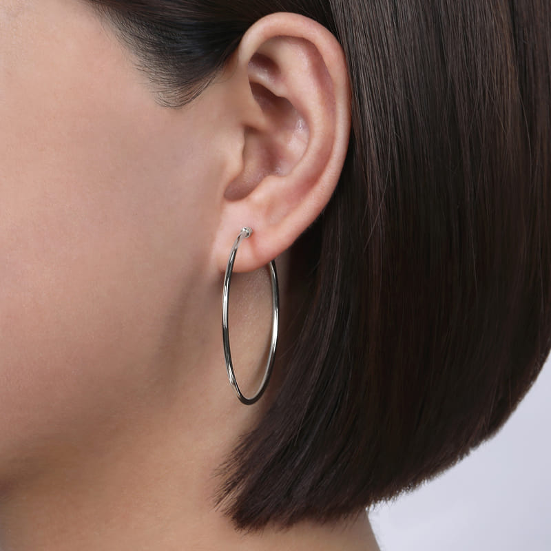 Gabriel & Co. 40MM White Gold High Polished Round Classic Hoop Earrings on Ear