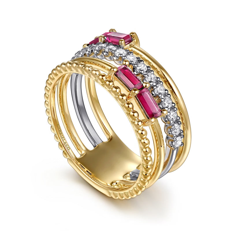 Gabriel & Co. Two-Tone Wide Band Diamond and Ruby 3D