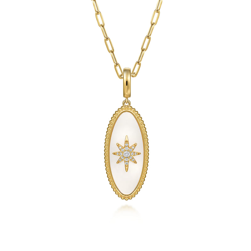 Gabriel & Co. Yellow Gold White Mother of Pearl Oval Shape Bujukan Medallion with Paperclip Chain