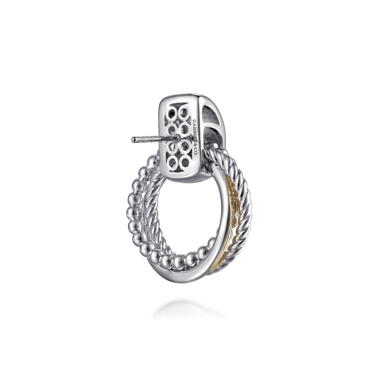Side view of a Gabriel & Co. Bujukan door knocker earring showing the post back and interlocking circles