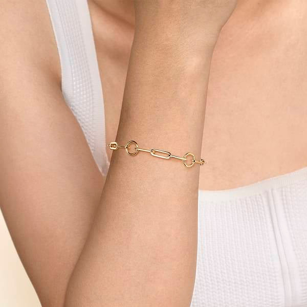 Gabriel & Co. 14K Yellow Gold High Polish Classic Chain Link Circle Stations Bracelet on Arm