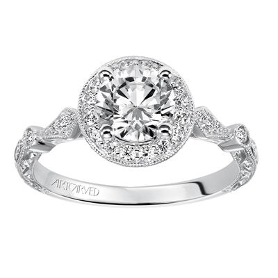 Top view of Artcarved Crystal round halo diamond engagement ring in 14K white gold