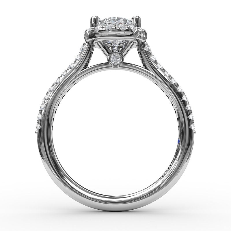 Fana 14K white gold pear halo classic prong set diamond engagement ring formed by round diamonds prong set in the pear cut halo and band. This ring features 0.34 carats total weight of round cut diamonds.