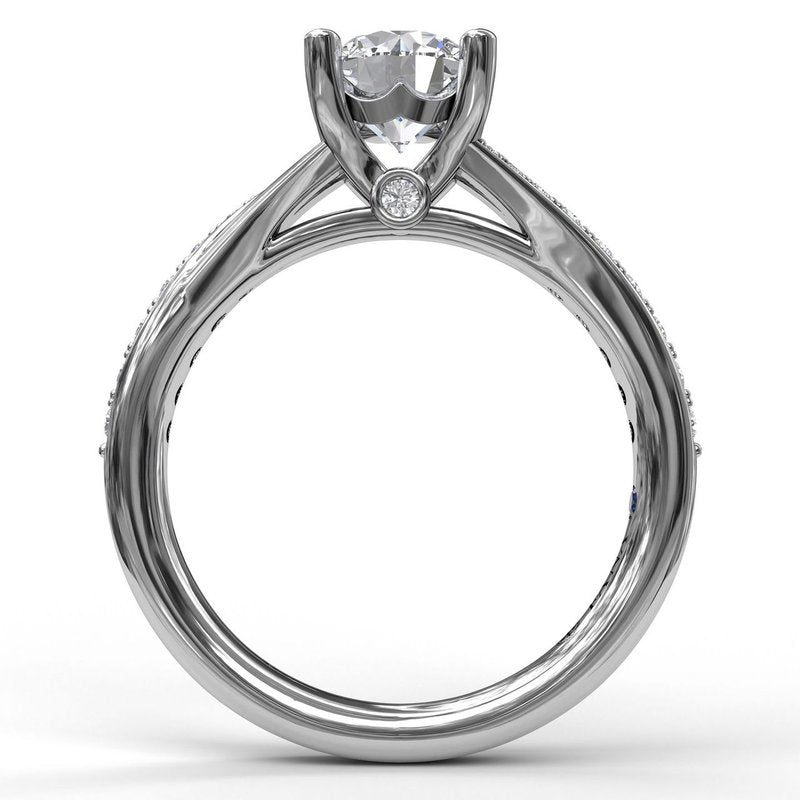 Fana 14K White gold Round Cut Prong Set Side Diamond Cathedral Diamond Engagement Ring Featuring 0.25 Carats Round Cut Diamonds.