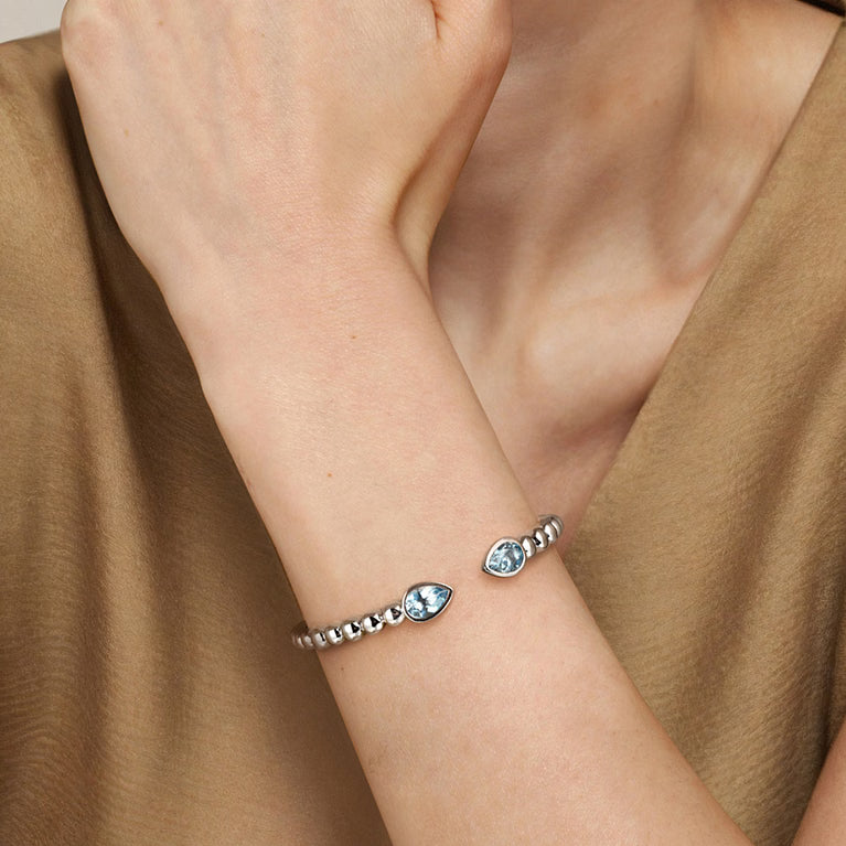 925 Sterling Silver Bujukan and Pear-Shape Blue Topaz Split Bangle Bracelet On Hand