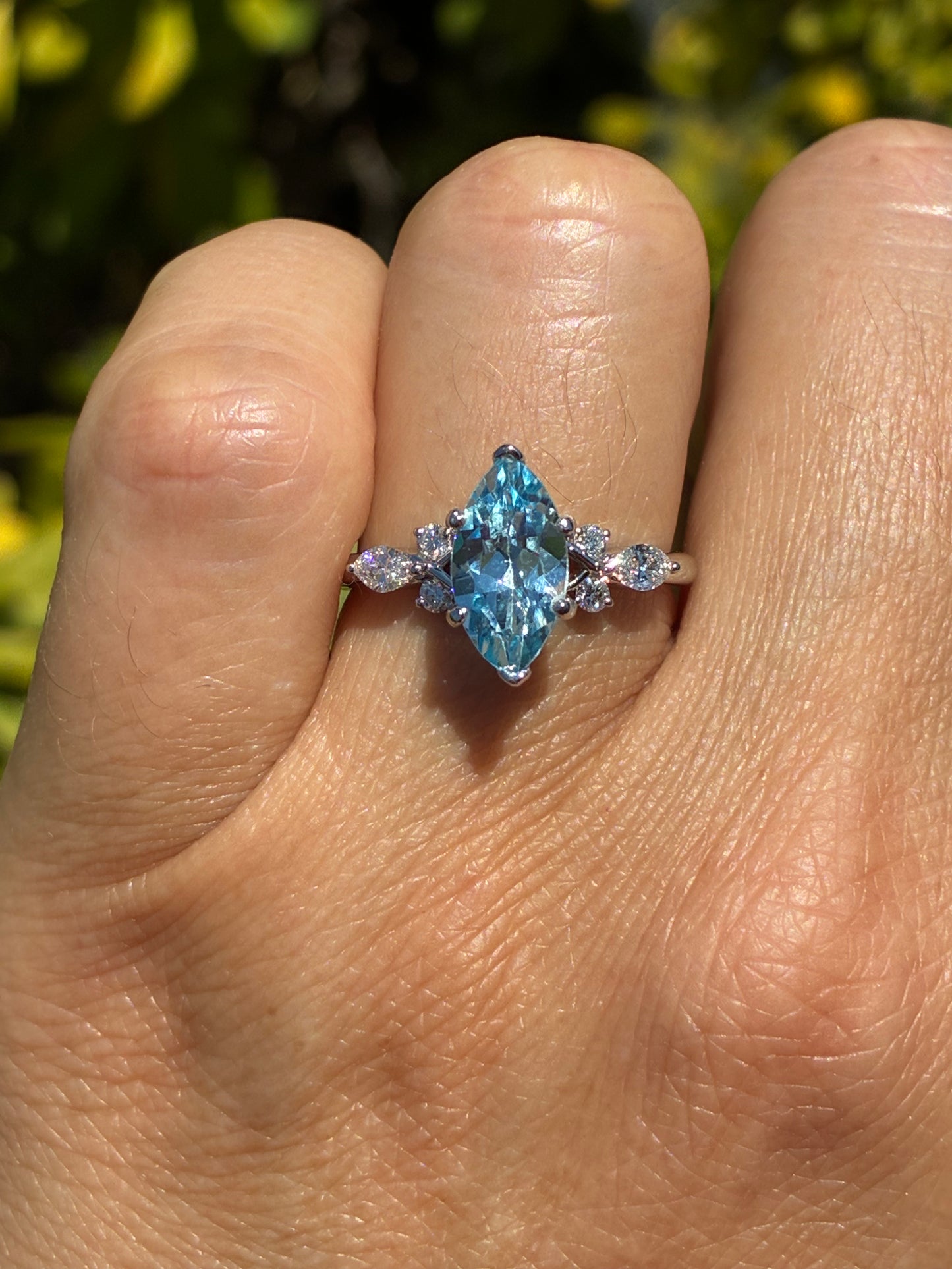 Ben Garelick 14K White Gold Auriel Marquise Cut Blue Topaz and Lab-Grown Diamond Engagement Ring on Finger