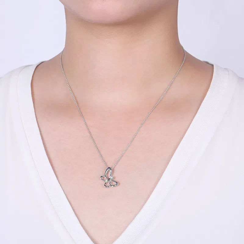 Gabriel & Co. Butterfly White Sapphire Sideways Pendant Necklace in Sterling Silver When Worn
