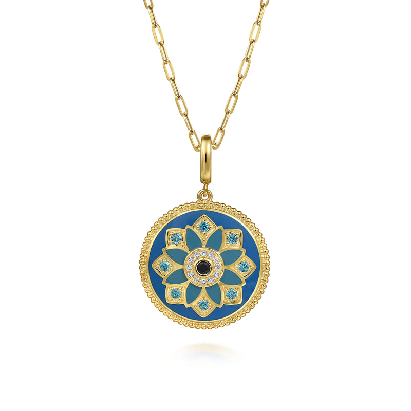 Gabriel & Co. Yellow Gold Bujukan Multicolor Enamel Medallion Pendant on Chain