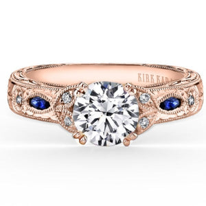 Kirk Kara Rose Gold Dahlia Marquise Shaped Blue Sapphire Diamond Engagement Ring Front View 