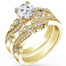 Load image into Gallery viewer, Kirk Kara Yellow Gold &quot;Angelique&quot; Vintage Diamond Engagement Ring Set Angled Side View
