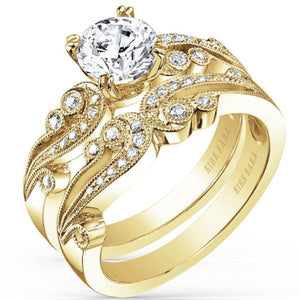 Kirk Kara Yellow Gold "Angelique" Vintage Diamond Engagement Ring Set Angled Side View