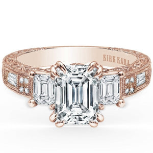 Kirk Kara Rose Gold "Charlotte" Emerald Cut Three Stone Diamond Engagement Ring Front View