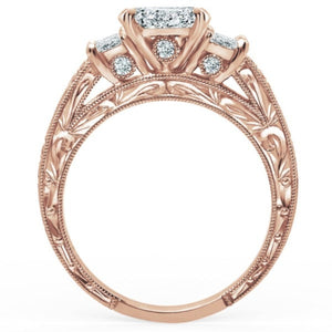Kirk Kara Rose Gold "Charlotte" Emerald Cut Three Stone Diamond Engagement Ring Side VIew