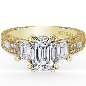 Kirk Kara Yellow Gold "Charlotte" Emerald Cut Three Stone Diamond Engagement Ring Front View