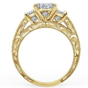 Kirk Kara Yellow Gold "Charlotte" Emerald Cut Three Stone Diamond Engagement Ring Side View 