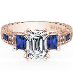Kirk Kara Rose Gold "Charlotte" Blue Sapphire Diamond Three Stone Engagement Ring Front View
