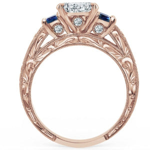 Kirk Kara Rose Gold "Charlotte" Blue Sapphire Diamond Three Stone Engagement Ring  Side View