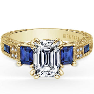 Kirk Kara Yellow Gold "Charlotte" Blue Sapphire Diamond Three Stone Engagement Ring Front View