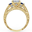 Load image into Gallery viewer, Kirk Kara Yellow Gold &quot;Charlotte&quot; Blue Sapphire Diamond Three Stone Engagement Ring Side View 
