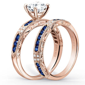 Kirk Kara Rose Gold "Charlotte" Blue Sapphire Diamond Engagement Ring Set Angled Side View