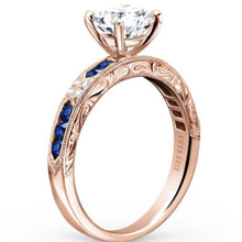 Load image into Gallery viewer, Kirk Kara Rose Gold &quot;Charlotte&quot; Blue Sapphire Diamond Engagement Ring Angled Side View
