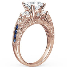 Load image into Gallery viewer, Kirk Kara Rose Gold &quot;Charlotte&quot; Three Stone Blue Sapphire Diamond Engagement Ring Angled Side View

