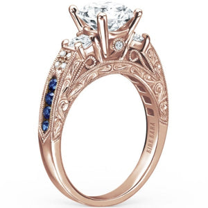 Kirk Kara Rose Gold "Charlotte" Three Stone Blue Sapphire Diamond Engagement Ring Angled Side View