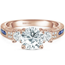 Load image into Gallery viewer, Kirk Kara Rose Gold &quot;Charlotte&quot; Three Stone Blue Sapphire Diamond Engagement Ring Front View
