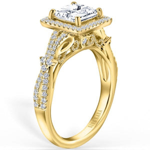 Kirk Kara Yellow Gold Pirouetta Large Princess Cut Halo Diamond Engagement Ring  Angled Side View 