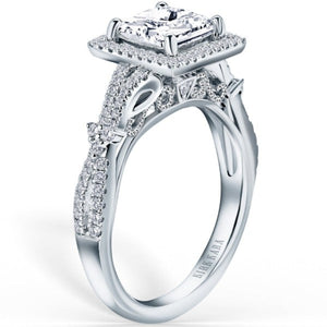 Kirk Kara White Gold Pirouetta Large Princess Cut Halo Diamond Engagement Ring Angled Side View