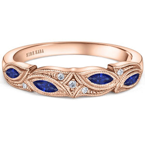 Kirk Kara Rose Gold "Dahlia" Blue Sapphire Marquise Leaf Shaped Designed Wedding Band Front View