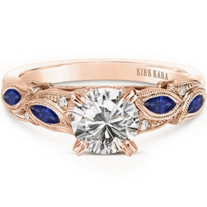 Kirk Kara Rose Gold "Dahlia" Marquise Cut Blue Sapphire Diamond Engagement Ring Front View