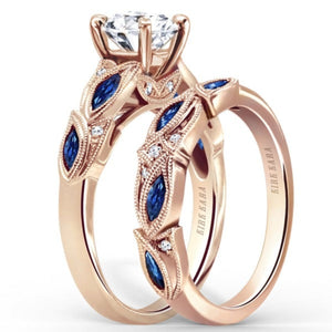Kirk Kara Rose Gold "Dahlia" Marquise Cut Blue Sapphire Diamond Engagement Ring Set Angled View