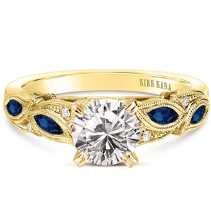 Kirk Kara Yellow Gold "Dahlia" Marquise Cut Blue Sapphire Diamond Engagement Ring Front View 