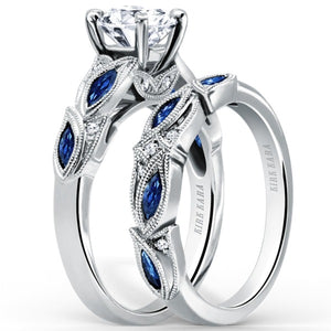 Kirk Kara White Gold "Dahlia" Blue Sapphire Marquise Leaf Shaped Designed Engagement Ring Set Angled Side View 