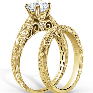 Kirk Kara Yellow Gold "Stella" Scroll Engraved Milgrain Engagement Ring Set Angled Side View