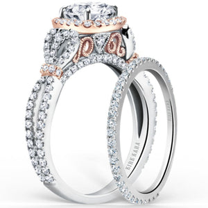Kirk Kara White & Rose Gold "Mini-Pirouetta" Halo Diamond Engagement Ring Set Angled Side View