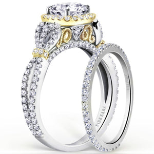 Kirk Kara White & Yellow Gold "Mini-Pirouetta" Halo Diamond Engagement Ring Set Angled Side View