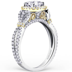 Kirk Kara White & Yellow Gold "Mini-Pirouetta" Halo Diamond Engagement Ring Angled Side View