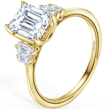 Load image into Gallery viewer, Kirk Kara Yellow Gold &quot;Stella&quot; Five Stone Emerald and Baguette Diamond Engagement Ring Angled Side View
