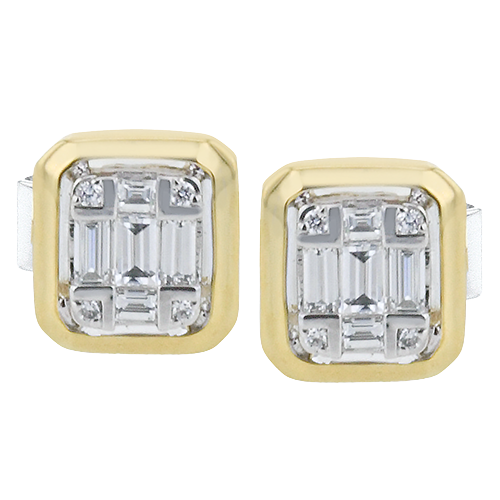 Simon G. 18K Two-Tone Yellow & White Gold Mosaic Baguette & Round Cut Diamond Stud Earrings
