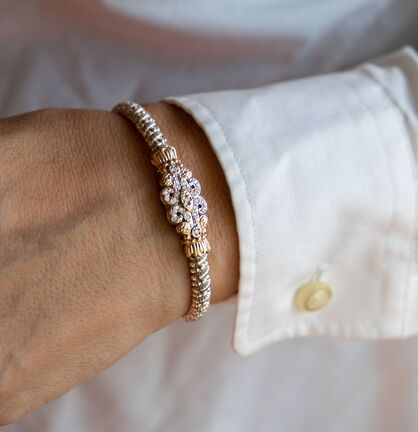 Vahan Sterling Silver & 14K Yellow Gold Diamond Scrollwork Bangle Bracelet