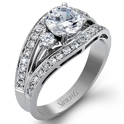 Simon G. 18K White Gold Three Stone Vintage Style Diamond Engagement Ring - Style LP890