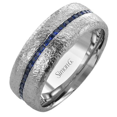 Simon G. LR3135 men's hammered white gold wedding band with a row of blue sapphires