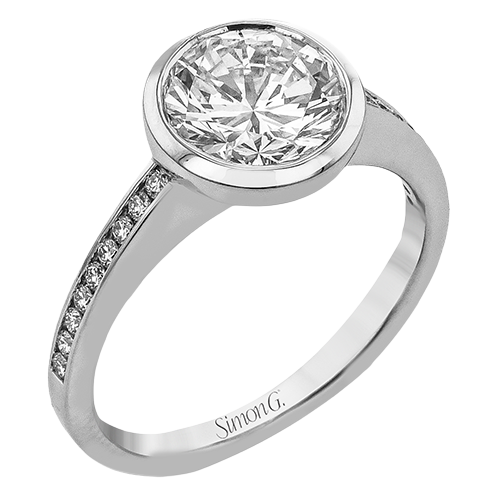 Simon G. LR4087 White Gold and Platinum Round Cut Bezel Set Diamond Engagement Ring with Channel Set Side Diamonds