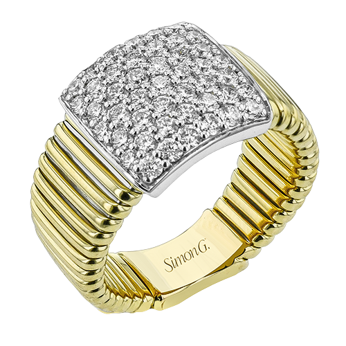 Simon G. LR4967 two-tone pave diamond fashion ring in 18K white and yellow gold with ribbed shank