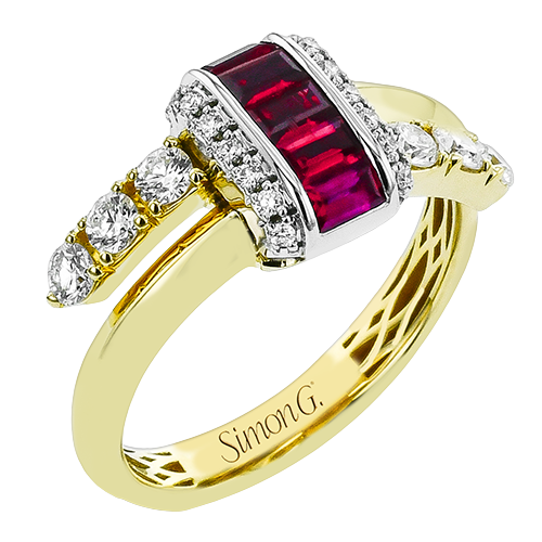 Simon G. LR5035 two-tone ruby and diamond bypass ring in yellow and white gold