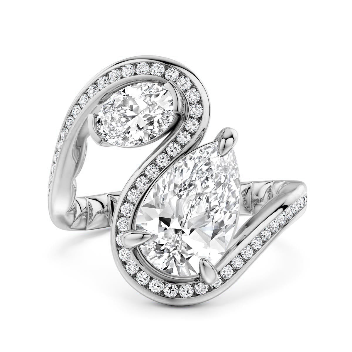 Noam Carver White Gold Luna Two-Stone Contemporary Swirl Pear & Oval Diamond Engagement Ring